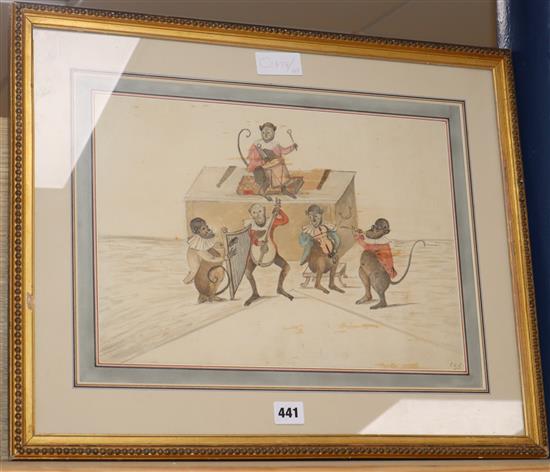Charles Lotaine-Smith, pencil and watercolour, Monkey band, initialled CLJ and dated 1818, 27 x 39cm